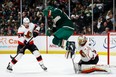 Goalie Anton Forsberg and Travis Hamonic of the Ottawa Senators defend against Marcus Foligno of the Minnesota Wild in the second period at Xcel Energy Center on Sunday, Dec. 18, 2022.