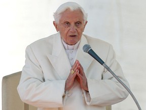 FILE PHOTO: Pope Benedict XVI finishes his last general audience in St Peter's Square at the Vatican February 27, 2013.