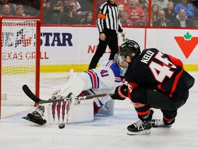 Senators winger Parker Kelly is stopped by New York Rangers goaltender Jaroslav Halak on Wednesday at the Canadian Tire Centre. The Sens lost 3-1, and will square off with the Rangers again Friday.