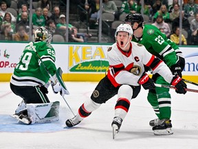 Senators left-winger Brady Tkachuk reacts to missing a scoring opportunity against Stars goaltender Jake Oettinger during the third period of play on Thursday night in Dallas.