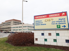 A file photo shows a sign directing visitors to the emergency department is shown at CHEO. – Emergency room visits for suicidal ideation and self-harm increased early in the COVID-19 pandemic and the surge in emergency visits for mental health issues has continued.