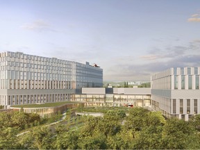 An architect's rendering of a patient room at the new Civic campus of The Ottawa Hospital features a floor-to-ceiling window, unfettered access to the patient's bed, a door with a window (to allow medical staff to check on patients more easily), and a wheelchair accessible bathroom.
