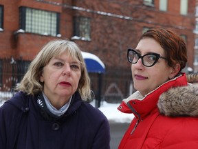 City councillors Theresa Kavanagh, right, and Ariel Troster stand in front of the vacant Iranian Embassy in Ottawa. The motion to rename a portion of Metcalfe Street in front of the embassy in honour of Mahsa Amini was brought to council by Kavanagh and seconded by Troster.