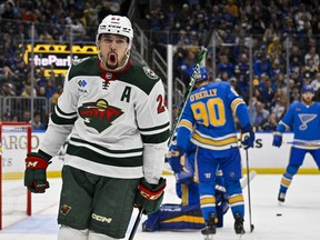 Minnesota Wild defenceman Matt Dumba reacts after scoring against the St. Louis Blues.