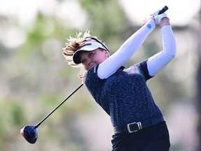 Brooke Henderson of Canada plays her shot from the third tee during the second round of the Hilton Grand Vacations Tournament of Champions at Lake Nona Golf & Country Club on Jan. 20, 2023 in Orlando, Florida.