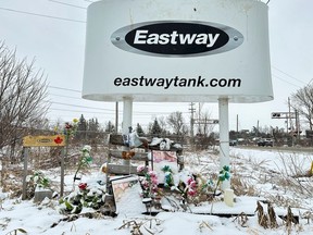 A memorial at Eastway Tank where an explosion occurred on January 13, 2022, taking the lives of six people.