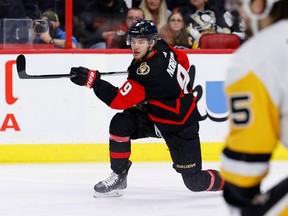 Ottawa Senators centre Josh Norris is seen in action against the Pittsburgh Penguins during the first period at the Canadian Tire Centre on Wednesday, Jan. 18, 2023. Before the game, he said he was excited to face the Penguins' Sidney Crosby and Evgeni Malkin in his return.