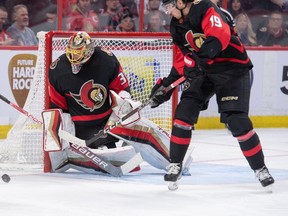 Senators goalie Anton Forsberg (31) makes a save against the Montreal Canadiens at the Canadian Tire Centre on Saturday.