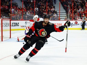 Senators centre Derick Brassard celebrates his goal against the Montreal Canadiens at the Canadian Tire Centre on Saturday, Jan. 28.