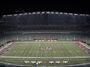 Paycor Stadium sits empty after the NFL postponed the game following an injury to Buffalo Bills' Damar Hamlin during the first half of an NFL football game between the Cincinnati Bengals and Buffalo Bills, Monday, Jan. 2, 2023, in Cincinnati.