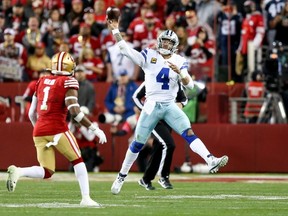 Cowboys' Dak Prescott throws a pass against the San Francisco 49ers during the second half in the NFC Divisional Playoff game at Levi's Stadium on Jan. 22, 2023 in Santa Clara, Calif.