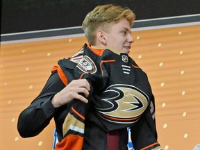 File photo/  Pavel Mintyukov after being selected as the number ten overall pick to the Anaheim Ducks in the first round of the 2022 NHL Draft at Bell Centre.