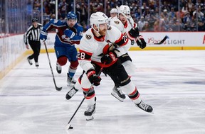 Ottawa Senators right wing Claude Giroux controls the puck in the first period against the Colorado Avalanche at Ball Arena.