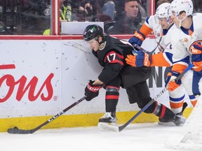 Ottawa Senators center Ridly Greig (17) controls the puck in the first period against the New York Islanders at the Canadian Tire Centre.