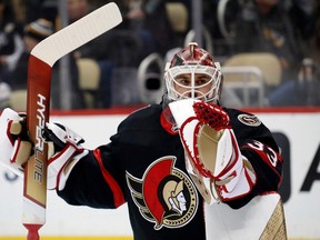 Ottawa Senators goaltender Cam Talbot looks on during a timeout against the Pittsburgh Penguins in the first period at PPG Paints Arena on Friday, Jan. 20, 2023. Following Friday’s 4-1 loss to the Penguins, he now owns a 2.95 goals-against average and .903 save percentage.