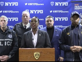 This photo provided by NYPD, New York City Police Commissioner Keechant Sewell address the media during a news conference on Saturday, Dec. 31, 2022.