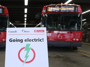 File: OC Transpo's first battery-electric buses were on display at a press conference in November 2021. Diesel-powered buses are to be phased out of service gradually as each of them reaches the end of its life cycle, with OC Transpo targeting a fully zero-emission fleet by 2036.