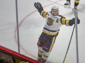 Logan Morrison celebrates a first- period goal for the Hamilton Bulldogs in Game 6 of the OHL final against the Windsor Spitfires last June.