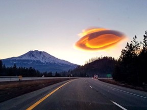 A gorgeous lenticular cloud downwind of Mount Shasta in Northern California in February 2020.