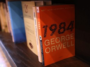A copy of George Orwell's novel '1984' sits on a shelf at The Last Bookstore on January 25, 2017 in Los Angeles, California.