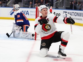 Ottawa Senators captain Brady Tkachuk celebrates after scoring in the third period on Ilya Sorokin of the New York Islanders during their game at UBS Arena on Feb. 14, 2023 in Elmont, New York.