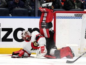 Kevin Mandolese of the Ottawa Senators kicks up a pad during a 46-save performance in his NHL debut Tuesday night when the Senators scored a 3-2 shootout victory over the New York Islanders at UBS Arena.