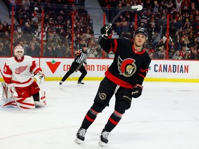 Ottawa Senators left wing Tim Stutzle celebrates scoring a penalty shot goal on Detroit Red Wings goaltender Ville Husso during the first period at the Canadian Tire Centre.