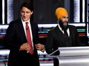 Justin Trudeau and Jagmeet Singh take part in a federal election debate in Gatineau on Sept. 9, 2021.