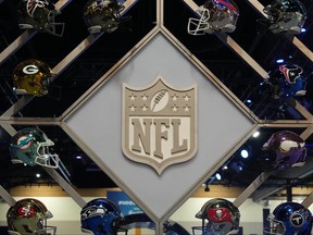 A NFL shield logo at the Super Bowl LVII Experience at the Phoenix Convention Center.