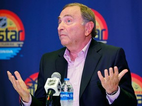 NHL commissioner Gary Bettman talks to the media before the 2023 NHL All-Star Game at FLA Live Arena on Saturday.