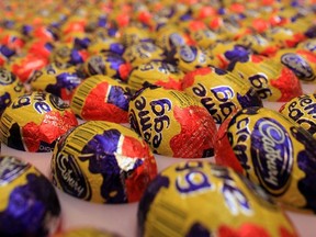 Cadbury's Creme Eggs move down the production line at the Cadbury's Bournville production plant on December 15, 2009 in Birmingham, England. (Photo by Christopher Furlong/Getty Images)