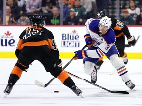 Connor McDavid of the Edmonton Oilers skates with the puck as the Oilers played against the Philadelphia Flyers on Feb. 9, 2023 in Philadelphia. The next game for the Oilers is on Feb. 11, 2023, against the Ottawa Senators.