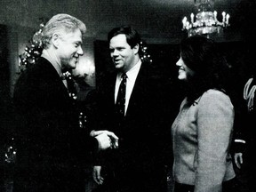 A photograph showing former White House intern Monica Lewinsky meeting President Bill Clinton at a White House Christmas part December 16, 1996 submitted as evidence in documents by the Starr investigation and released by the House Judicary committee September 21, 1998. (FILE)