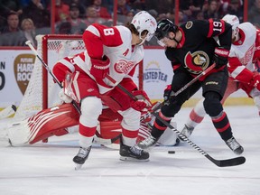 Ottawa Senators winger Drake Batherson (19) is unable to capitalize on a loose puck in front of the Detroit Red Wing net during the first period at the Canadian Tire Centre on Monday night.