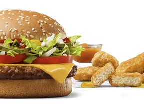 This image released by McDonald's shows the McPlant plant-based burger and the new plant-based McPlant Nuggets. The nuggets will be available along with the burger at McDonald's restaurants in Germany starting Feb. 22.