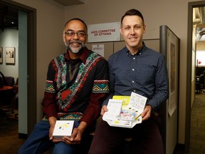 Khaled Salam, executive director of the AIDS Committee of Ottawa, and Patrick O'Byrne, professor of nursing at the University of Ottawa and a nurse practitioner with Ottawa Public Health, who developed the GetAKit program.