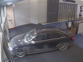 A stolen 2011 Black Audi A4 with Quebec licence plate X10 SNP car smashed its way into Vaughan Mills mall during a robbery and then crashed through another set of doors to flee the scene on Wednesday, Feb. 1, 2023.