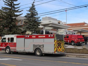 A Cornwall Fire Services rig sits on the street in front of the Care Centre building on Friday morning.