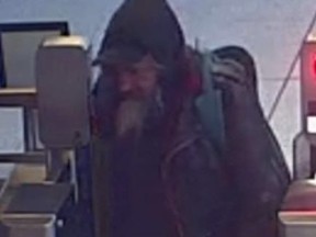 An image released by Toronto Police of a man sought in an alleged hate-motivated incident on a southbound subway train at Wilson Station on March 9, 2023.