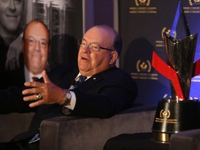 Scotty Bowman, one of the 2017 Distinguished Honourees of the Order of Hockey in Canada, answers questions at the Sheraton Cavalier in Saskatoon on June 19, 2017. Bowman believes the Boston Bruins are a special team in 2022-23.