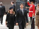 Prime Minister Justin Trudeau and his wife, Sophie, arrive for the state funeral of Queen Elizabeth II at Westminster Abbey on Sept. 19, 2022 in London.