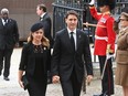 Prime Minister of Canada Justin Trudeau and his wife Sophie Trudeau arrive for the State Funeral of Queen Elizabeth II at Westminster Abbey on Sept. 19, 2022 in London.