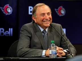 National Hockey League commissioner Gary Bettman talks to the media at the Canadian Tire Centre on Monday night.