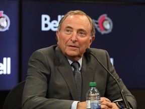 National Hockey League Commissioner Gary Bettman talks to the media at the Canadian Tire Centre, March 27, 2023.