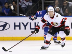 Jakob Chychrun skates with the puck during his first game with the Senators against the Rangers in New York on Thursday night.