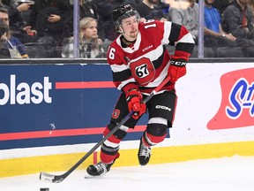 Logan Morrison, #16 of the Ottawa 67's during the first period against the Gatineau Olyimpues at the Centre Slush Puppie on February 11, 2023.