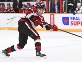 Ottawa 67s Pavel Mintyukov fires a shot against the Mississauga Steelheads at the Arena at TD Place on Friday night.  (Photo by Tim Austen/OSEG)
