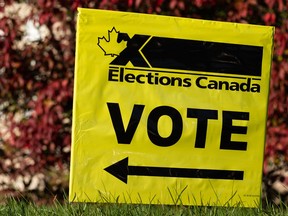 An Elections Canada vote sign is seen at the University of Alberta during the 2021 Federal Election in Edmonton, Sept. 20, 2021.