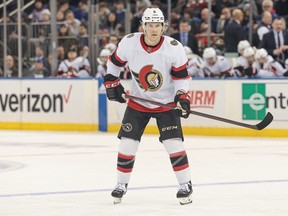 Ottawa Senators defenceman Jakob Chychrun looks up ice during the first period against the New York Rangers at Madison Square Garden on Thursday night.