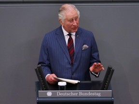 Britain's King Charles III speaks at the Bundestag, Germany's parliament in Berlin, Thursday, March 30, 2023.